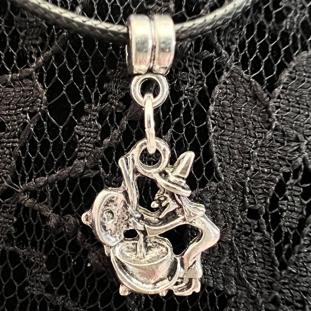 Witch And Cauldron Paranormal Pendant Necklace With Bat Charm
